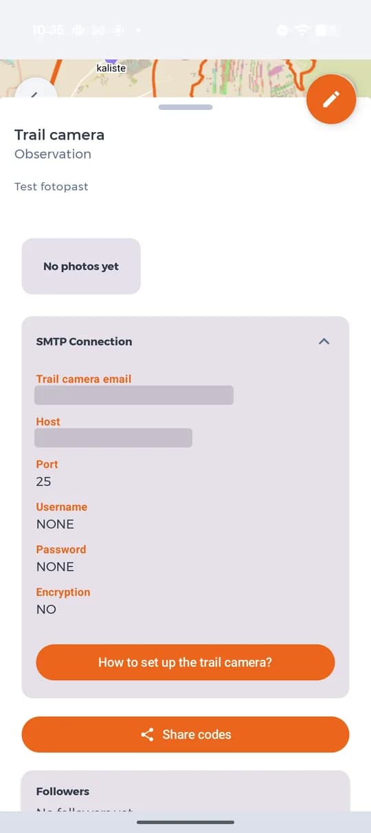 Datos SMTP de la cámara (dirección y servidor ocultos aquí).