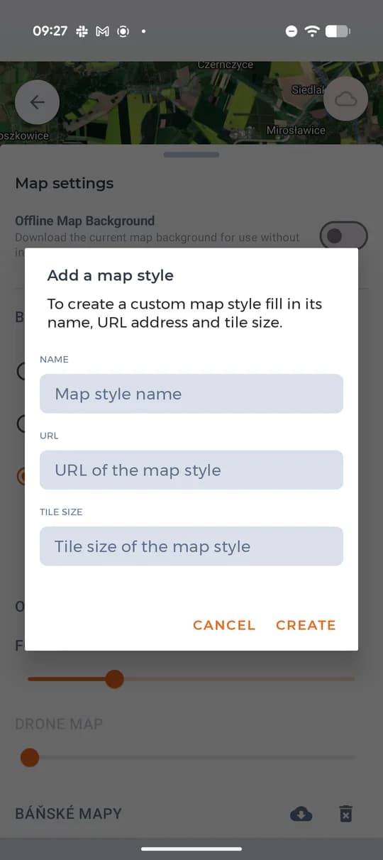 Añadir una fuente de mapas: nombre, URL y tamaño de tesela.