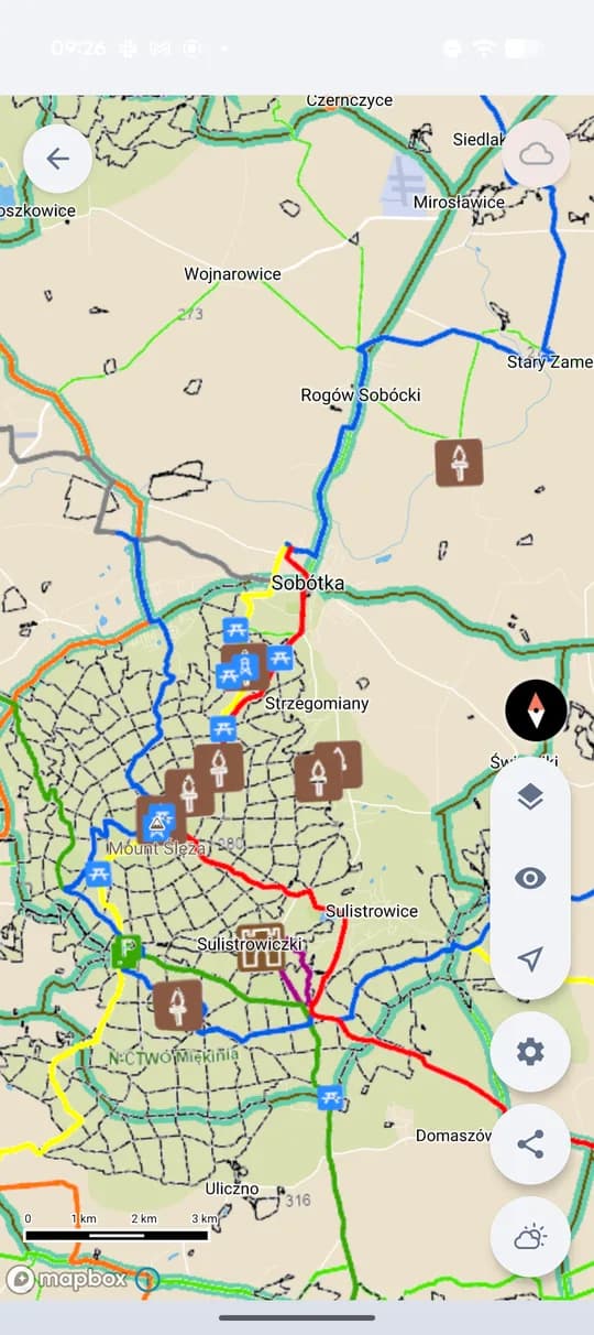 Mapa de caza con caminos, instalaciones y relieve (Polonia).
