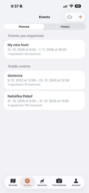 El listado de eventos con el botón para crear uno nuevo.