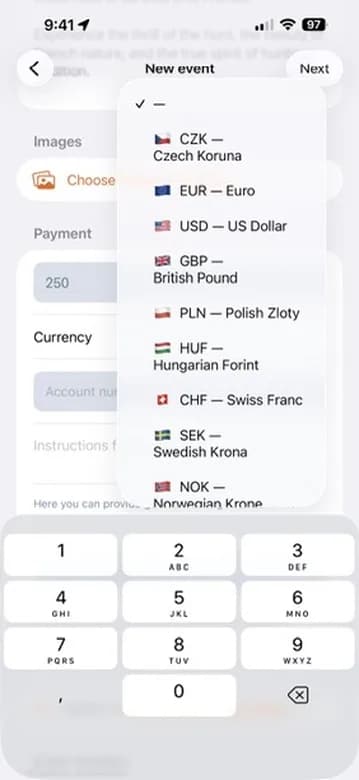 Precio y selección de moneda.