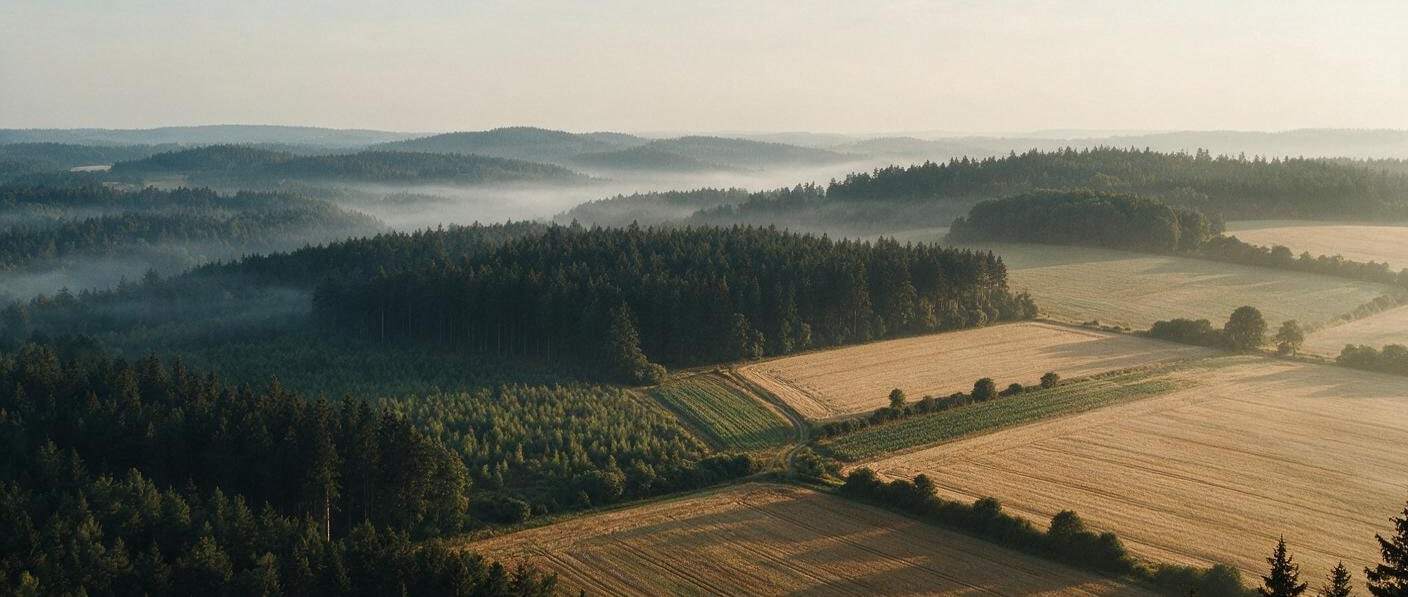 Vista desde una ladera sobre bloques de bosque, campos cosechados y setos que dividen el paisaje en parcelas