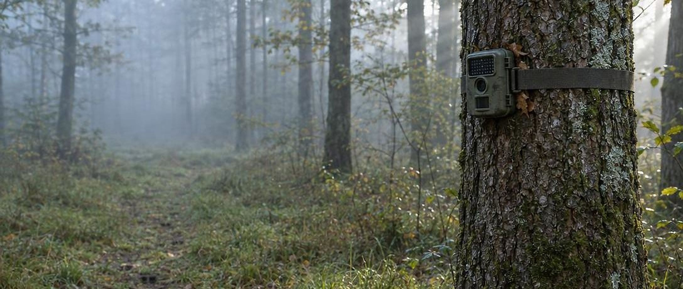 Una cámara de fototrampeo sujeta con correa a un roble en un bosque con niebla, con un paso de caza al fondo