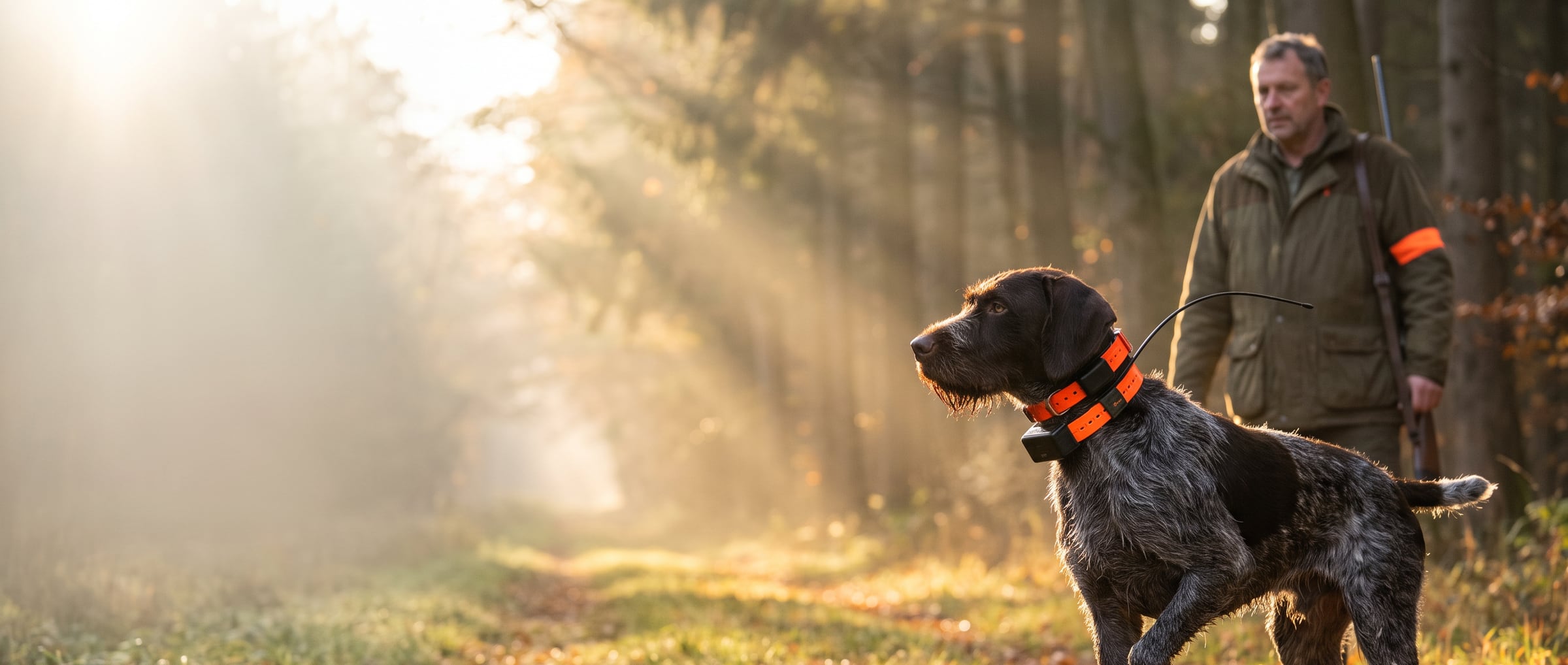 Un cazador sigue en el móvil el recorrido de su perro, el perro con collar GPS espera en el bosque