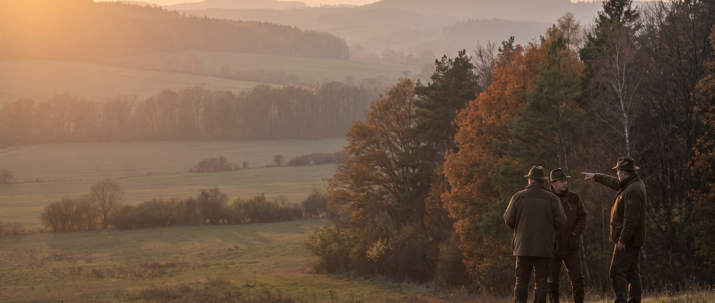 Tres cazadores en el borde del bosque, uno señalando el paisaje otoñal al atardecer
