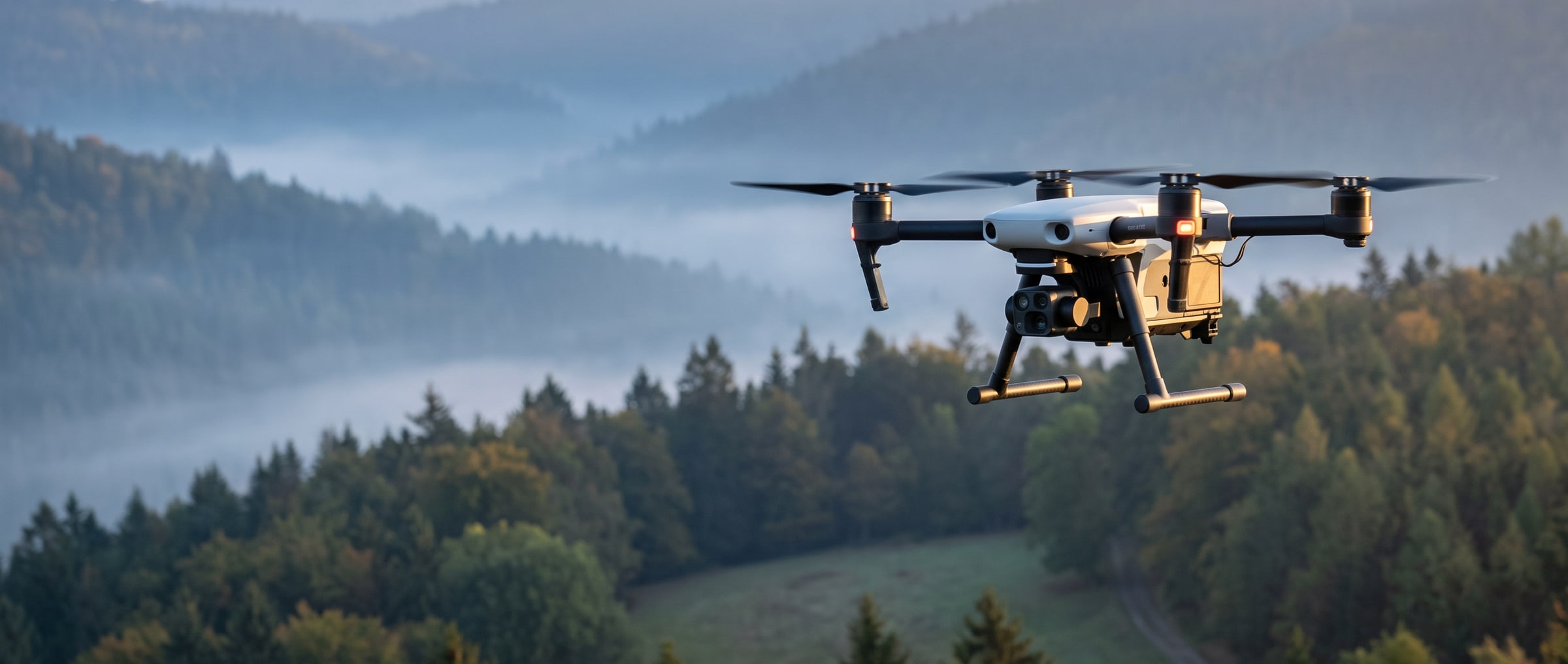 Un dron con cámara térmica vuela sobre un coto boscoso al amanecer