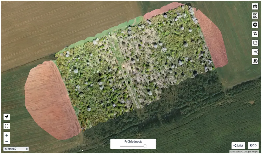 Ortofoto de dron superpuesta al mapa por satélite