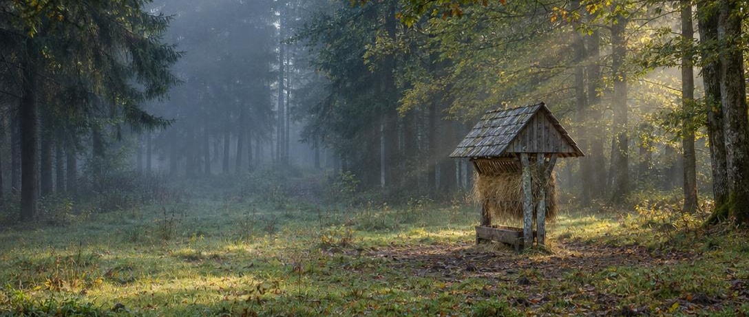 Un henil de madera envejecida en un claro del bosque con niebla, rayos de sol entre los árboles
