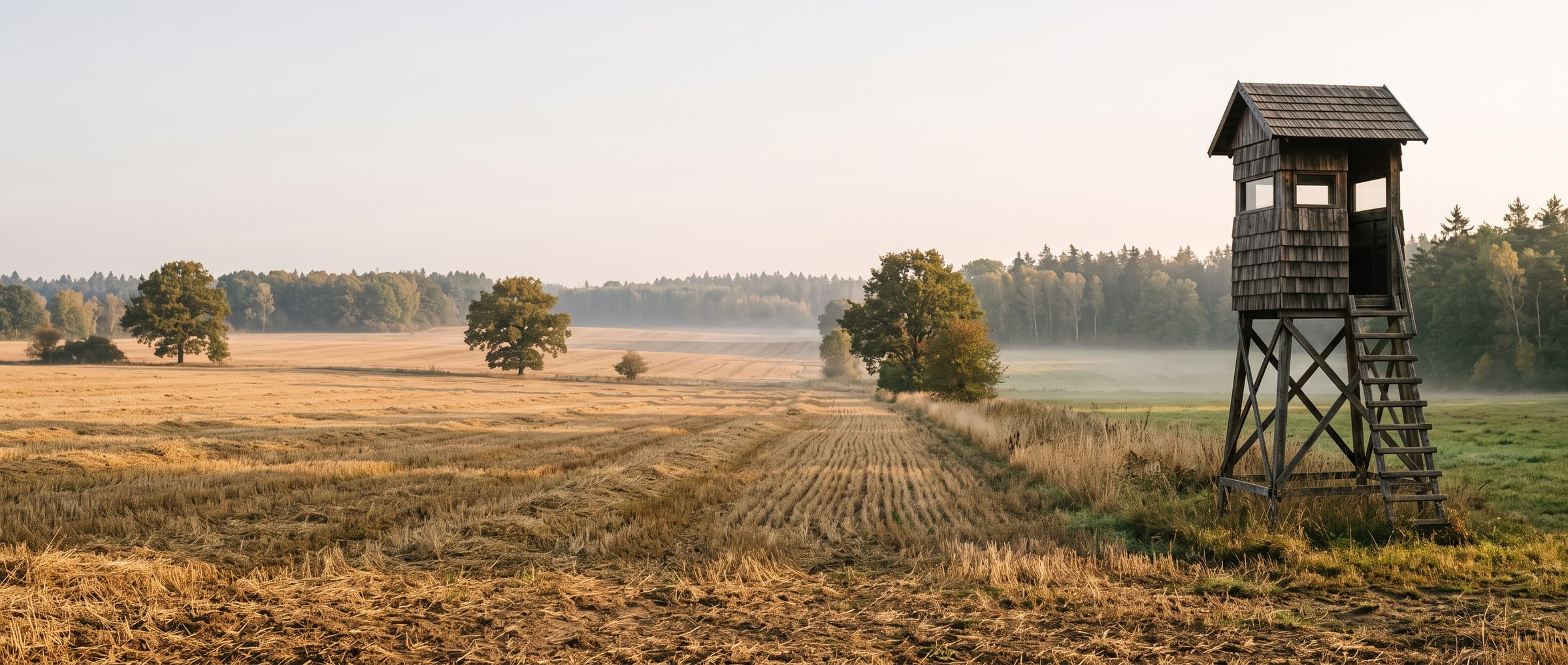 Un puesto elevado de madera al borde de un campo segado en una mañana de otoño con niebla